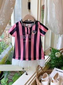 Fashionable Striped Digital Printed Short Sleeve Dress For Baby Girls, Summer - Multicolor - View 1
