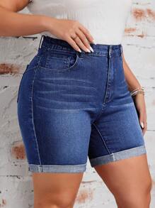 SHEIN LUNE 高腰捲邊牛仔短褲 - 中等水洗藍 - 查看 4