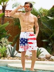 Manfinity Plus Men Flag Print Drawstring Waist Swim Trunks