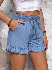 SHEIN LUNE Drawstring Waist Ruffle Hem Denim Shorts