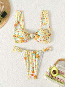 Bikini de mujer con estampado integral, Top con tirantes anchos y Bottom con decoración de lazo (estampado aleatorio) para verano