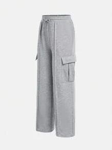 SHEIN Girlism Teen Girl's Knitted Floral Gray Casual Wide-Leg Pants With Patch Pockets