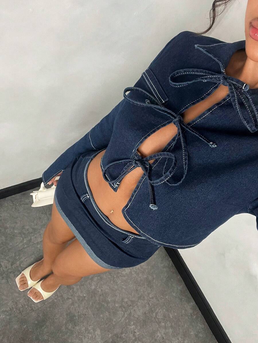 SHEIN BAE Tie Front Crop Denim Top, Fall Women Clothes - Blue - View 1