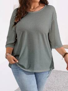 SHEIN LUNE Plus Solid Drop Shoulder Tee For Summer - Grey - View 5