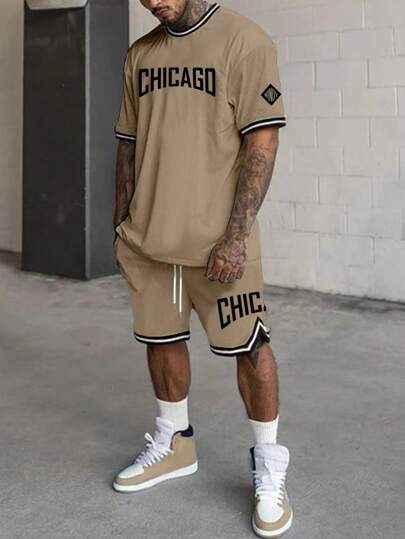 Manfinity LEGND Men's Summer Letter Printed Round Neck Short Sleeve Casual T-Shirt And Drawstring Waist Shorts Set