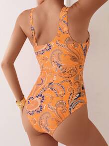 Swim Lushoire Summer Beach Paisley Printed Hollow Out Monokini Swimsuit, Random Print - Orange - View 2