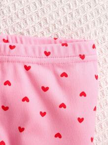 SHEIN 嬰兒女孩心形紋織物保暖睡衣套裝，長袖上衣和長褲，舒適親膚 - 淺粉色 - 查看 7