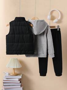 SHEIN 3 件套女童时尚加垫背心，带连帽羊毛运动衫和纯色裤子，适合户外运动、度假和上学，冬季 - 灰色 - 查看 2