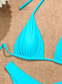 Swim Vcay Women's Summer Beach Solid Color Halter Neck Two-Piece Bikini Set, With Random Print - Blue - View 4