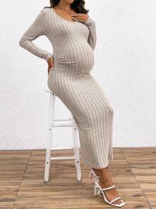 SHEIN Vestido de punto Body con nervios de unicolor casual para maternidad, de manga larga para primavera y otoño - Caqui - Ver 5