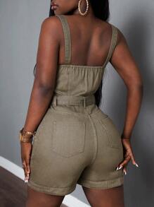 SHEIN Slayr Straps Solid Zip Up Flap Pocket Belted Sleeveless Denim Romper - Army Green - View 2