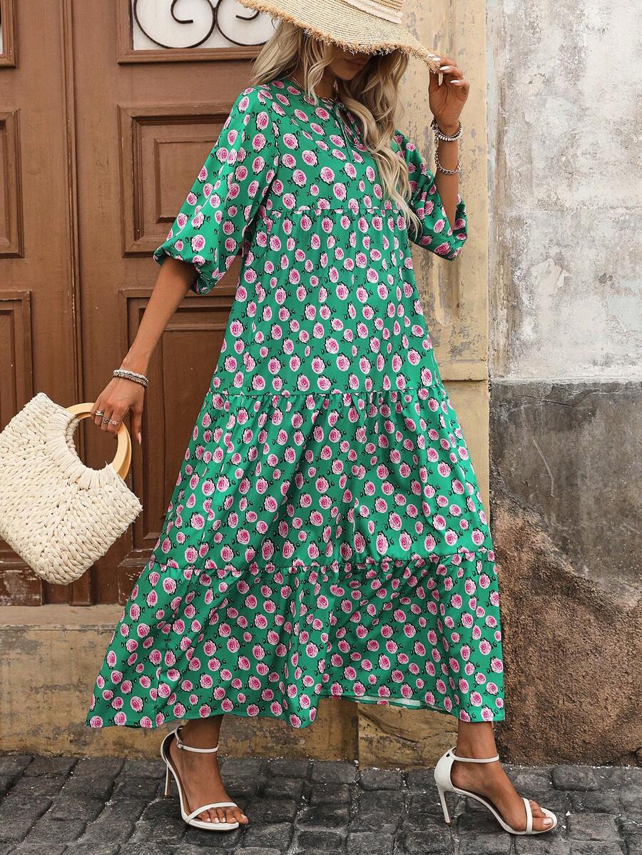 SHEIN LUNE Women Summer Long Bubble Sleeve Dress With Rose Print - Green - View 1