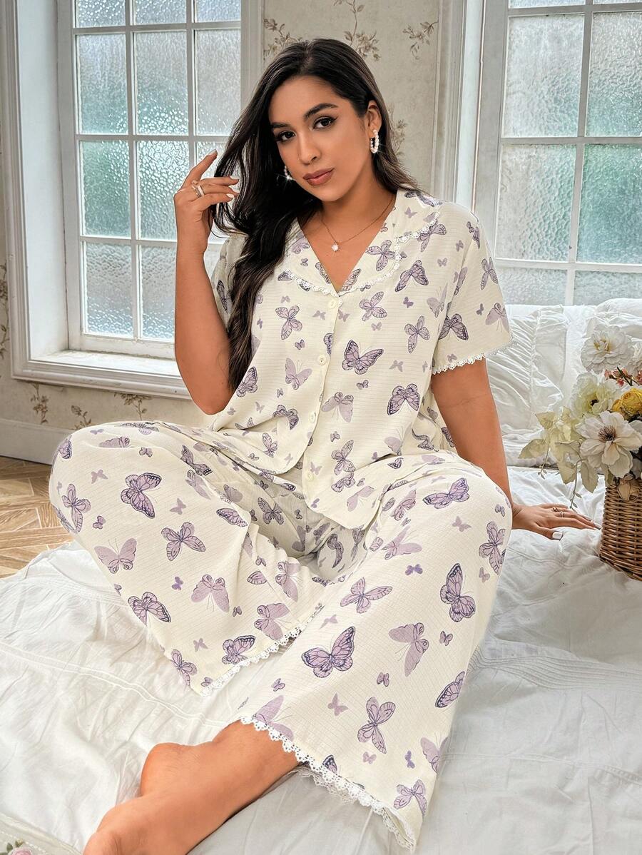CottageSlumber Bubble & Wrinkle Butterfly Printed Collared Casual Plus Size Short Sleeve Top And Long Pants Pajama Set - Multicolor - View 1