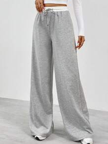 SHEIN Tall Quần ống rộng eo màu tương phản của nữ - Xám - Xem 8