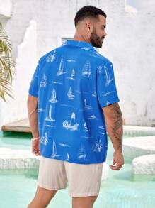 Manfinity Homme Camisa Masculina Plus Size com Colarinho Turn-Down Estilo Minimalista Impresso - Azul - Visão 2