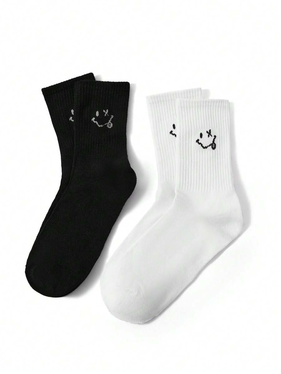 XYZ Studio Artist 2 Đôi Tất Thể Thao Nam Đến Giữa Bắp Chân Họa Tiết Mặt Cười Cá Tính - Đen và trắng - Xem 1