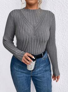 SHEIN LUNE Plus Size Women's Simple Solid Color Long Sleeve Sweater Pullover For Daily Wear Knit Pullover Fall Winter - Grey - View 4