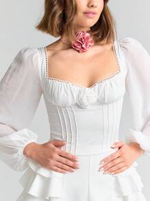 Enchnt 甜蜜心形領口燈籠袖褶皺胸前上衣 - 白色 - 查看 6