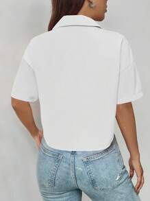 SHEIN LUNE 夏季纯色纽扣前落肩衬衫、短袖上衣