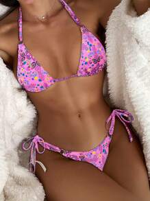 SHEIN Swim Conjunto de bikini rosa de dos piezas con estampado floral de verano, Copa triangular, impresión aleatoria
