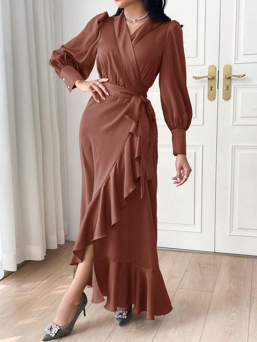 Modelyn Lantern Sleeve Ruffle Trim Wrap Belted Dress Long Evening Dresses - Redwood - View 1