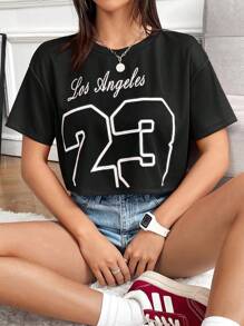 SHEIN EZwear 黑色網布印花女士T恤 - 黑色 - 查看 4