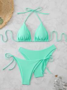 Swim Basics 3pcs Women's Solid Color Bikini Set Summer - Green - View 1