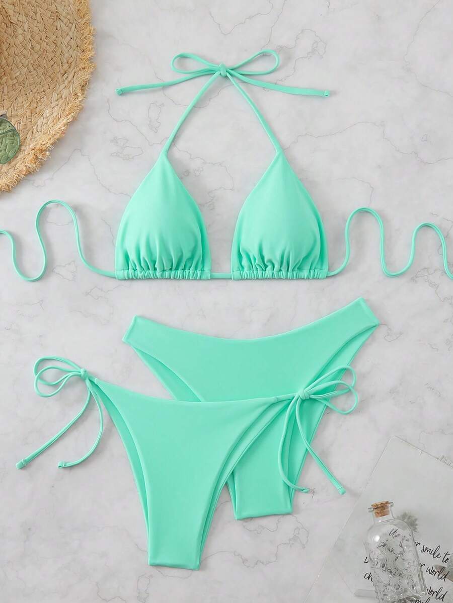 Swim Basics 3pcs Women's Solid Color Bikini Set Summer - Green - View 1