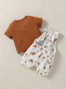 SHEIN Baby Boy Summer Casual Solid Color Short-Sleeved Top And Animal Print Jumpsuit Set - Multicolor - View 2