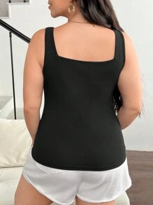 SHEIN Frenchy Women's Plus Size Solid Color Fishbone Press Line Camisole Summer  Top - Black - View 7