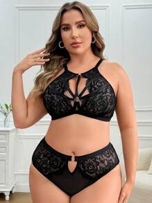 Bộ đồ lót ren không dây gợi cảm cỡ lớn 2 món - màu đen - Xem 6