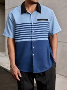 Manfinity Homme Camisa de verano para hombre con estampado de rayas y mangas cortas
