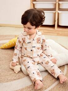 Baby/Toddler Boys' Casual 2pcs Set - Brown Plaid Heart & Letter Bear Print Long Pants, Long Sleeve Cardigan, Loungewear - Multicolor - View 6