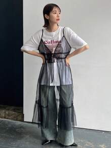 FRIFUL Women's Spaghetti Strap See-Through Mesh Dress With Front Tie,Casual Women Dresses - Black - View 1