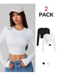 SHEIN PETITE 2 Packs Of Casual Simple Round Neck Long Sleeves Tight Cropped Women's T-Shirts - Multicolor - View 4