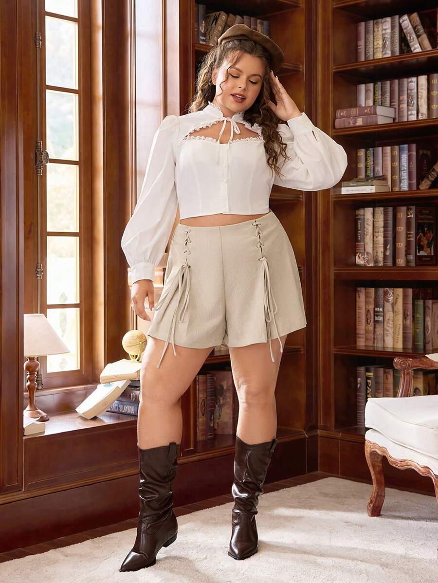 SHEIN MOD Quần Short Nữ Dây Rút Phong Cách Vintage Màu Mai Plus Size - Màu be - Xem 1