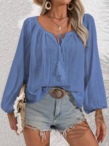 Flirla Lace Splice Solid Color Tassel Tie Holiday Shirt - Dusty Blue - View 6