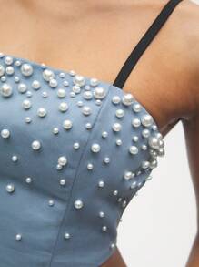 Maija Women Pearl Decor Cropped Camisole Top, Summer - Blue - View 6
