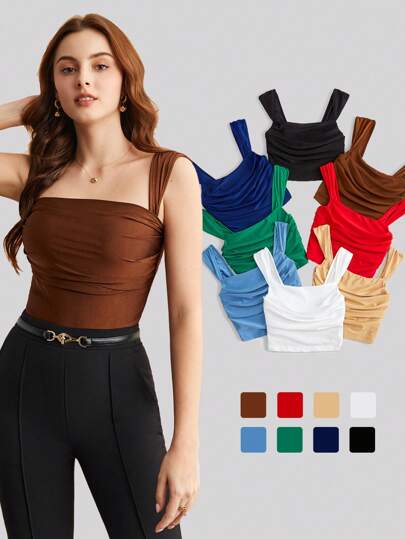 BizChic Women's Solid Color Pleated Wide Strap Camisole, Urban Commute Office Business Casual Wear, Basic Top For Party And Gathering, Autumn