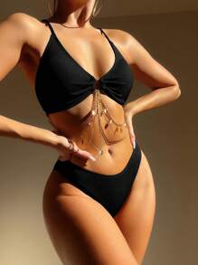 SHEIN Swim Women's Solid Color Circular-Ring Connected Sexy Bikini Set Black Bathing Suits For Summer Beach - Black - View 1