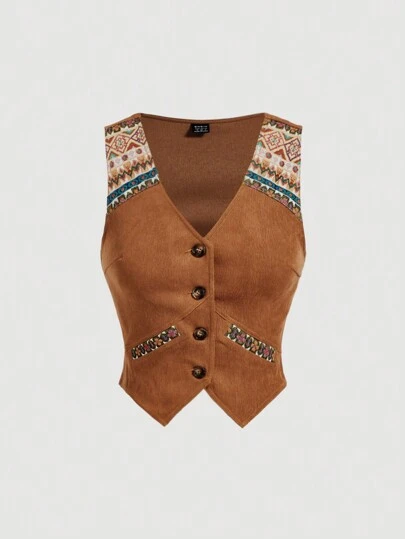 SHEIN MOD 复古图案拼接女式背心，印花上衣，老钱风格上衣，教师装，70年代风格，早午餐，冬季，卡其色上衣，秋季，西部风，夜店风