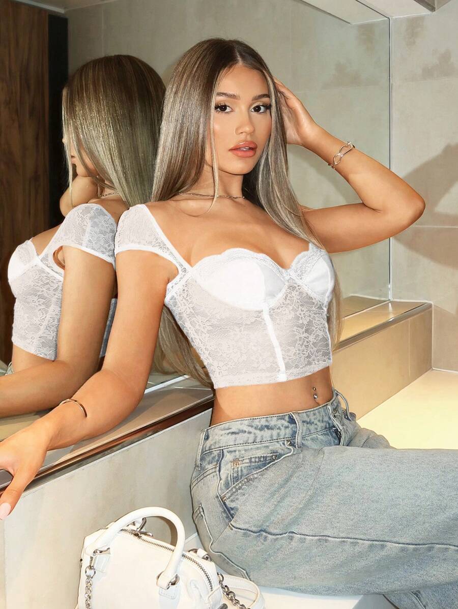 SHEIN BAE Lễ hội âm nhạc Áo ren cổ vuông, Áo ba lỗ ren Victoria Secret, Áo crop top đi nghỉ, Áo Corset có thể tháo rời,
Trang phục buổi hòa nhạc - trắng - Xem 1