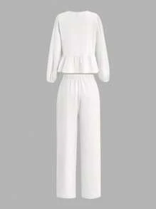 SHEIN Essnce 女用繫帶腰燈籠袖上衣高腰寬鬆褲兩件套2024春季休閒裝 - 白色 - 查看 2