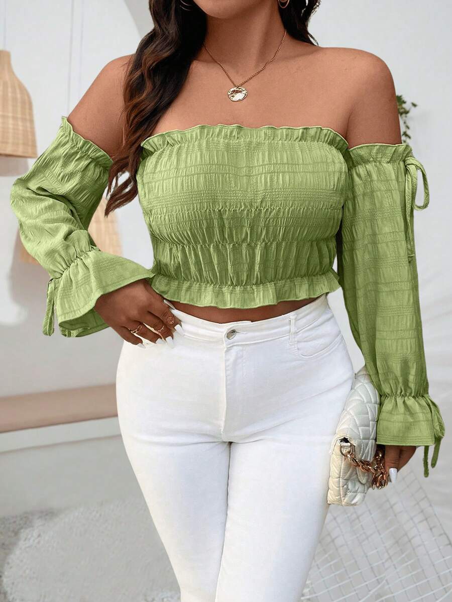 Calvaya Plus Off Shoulder Flounce Sleeve Knot Detail Crop Top - Green - View 1