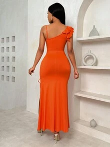 SHEIN Slayr Váy xẻ đùi xoắn phía trước - trái cam - Xem 2