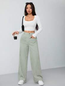 SHEIN PETITE 女士秋冬薄荷綠色雙口袋直筒褲 - 綠色 - 查看 9