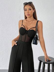 SHEIN PETITE Women Are Suitable For Parties. Sexy Party Wear. Breast Cup Black Suspender Jumpsuit. - Black - View 6