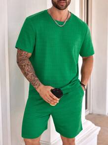 Manfinity Homme Męski zestaw T-shirt z krótkim rękawem i spodenkami z kieszeniami, w dużych rozmiarach, o jednolitej fakturze