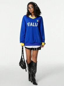 Muchica 超大尺寸街頭風格時尚且百搭的女式復古意大利地標印花Y2K拼色運動衫 - 藍色 - 查看 3