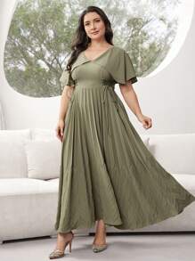 Modelyn Plus Size Women's Solid Color V-Neck Ruffled Short Sleeve Waist Tie Elegant Dress, Summer - Olive Green - View 8